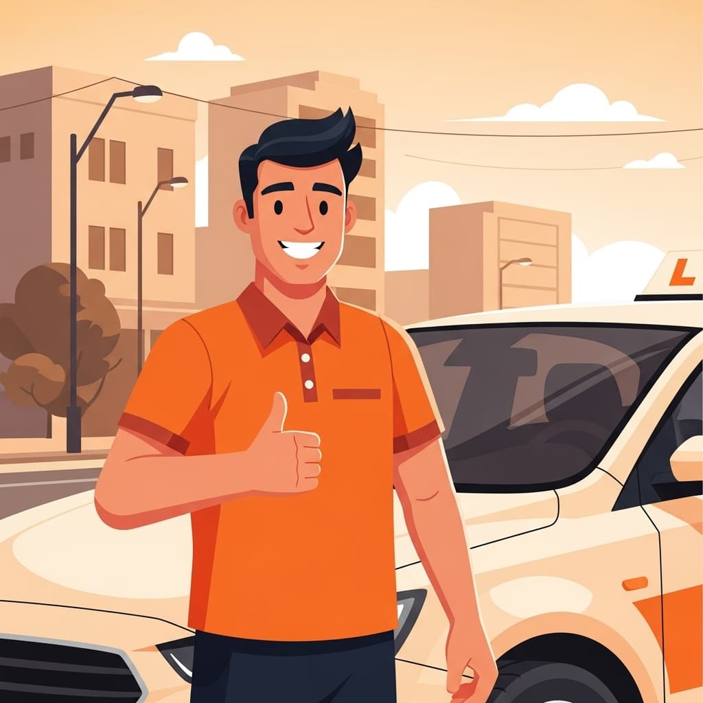 Instrutor de direção sorrindo fazendo sinal de positivo